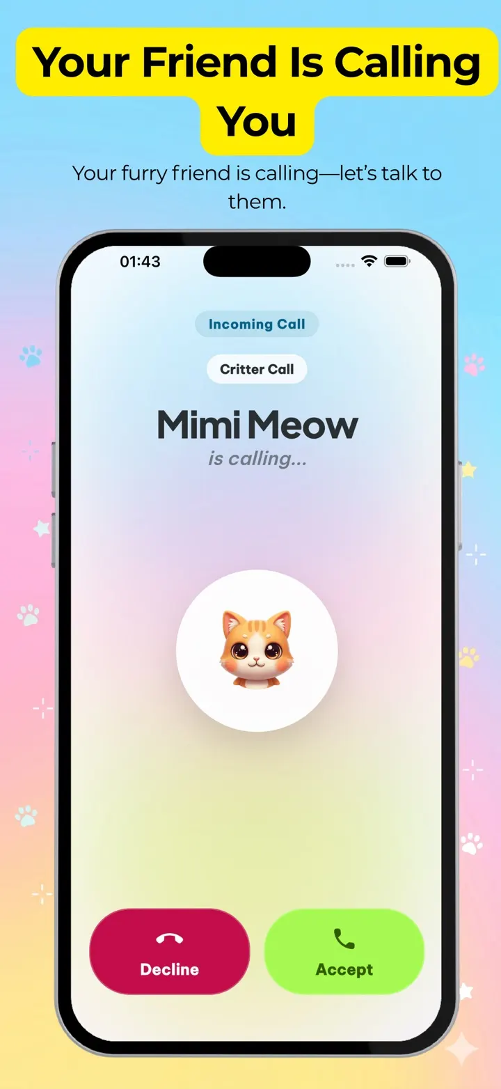 An incoming pretend call from Mimi Meow with Accept and Decline