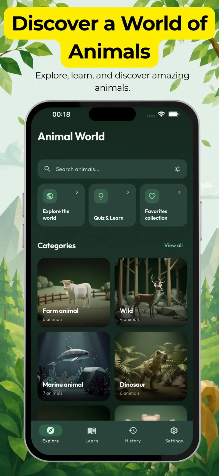 The Animal World home screen with farm, wild, marine and dinosaur categories