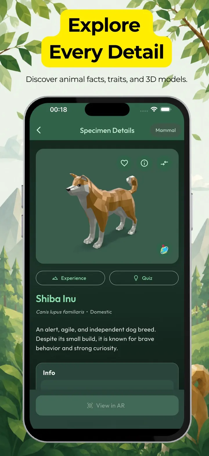 The species card for a Shiba Inu with scientific name, traits and a View in AR button