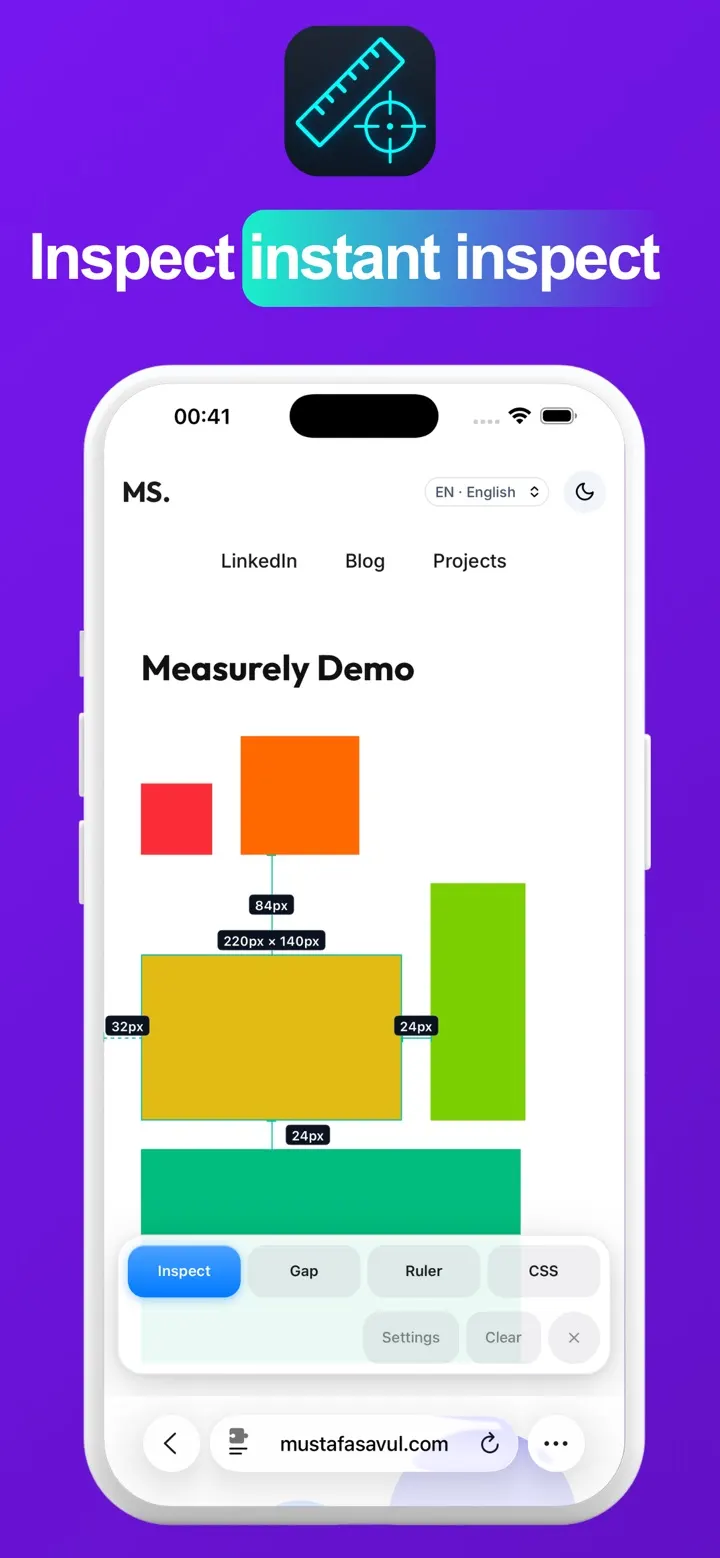 Inspect mode showing an element's size and the distance to its neighbours