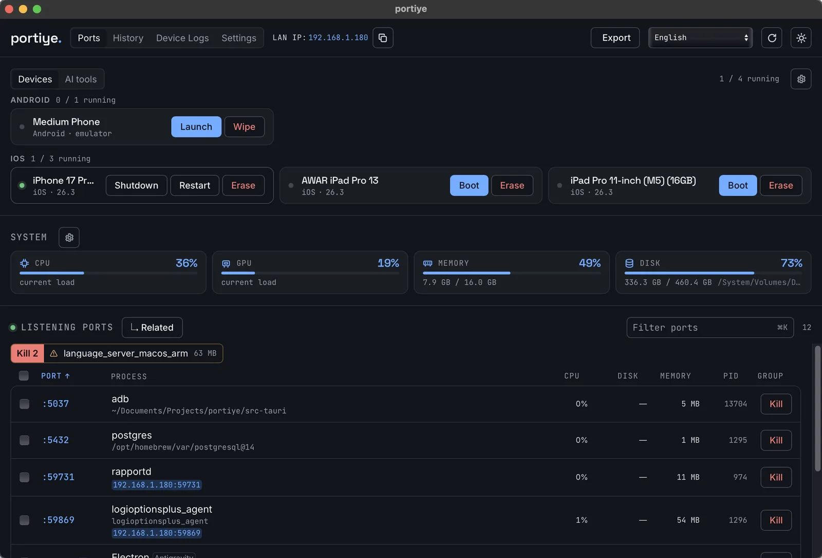The portiye Ports tab in dark mode: each port named by its owner, such as the project an adb was started in or postgres's data directory