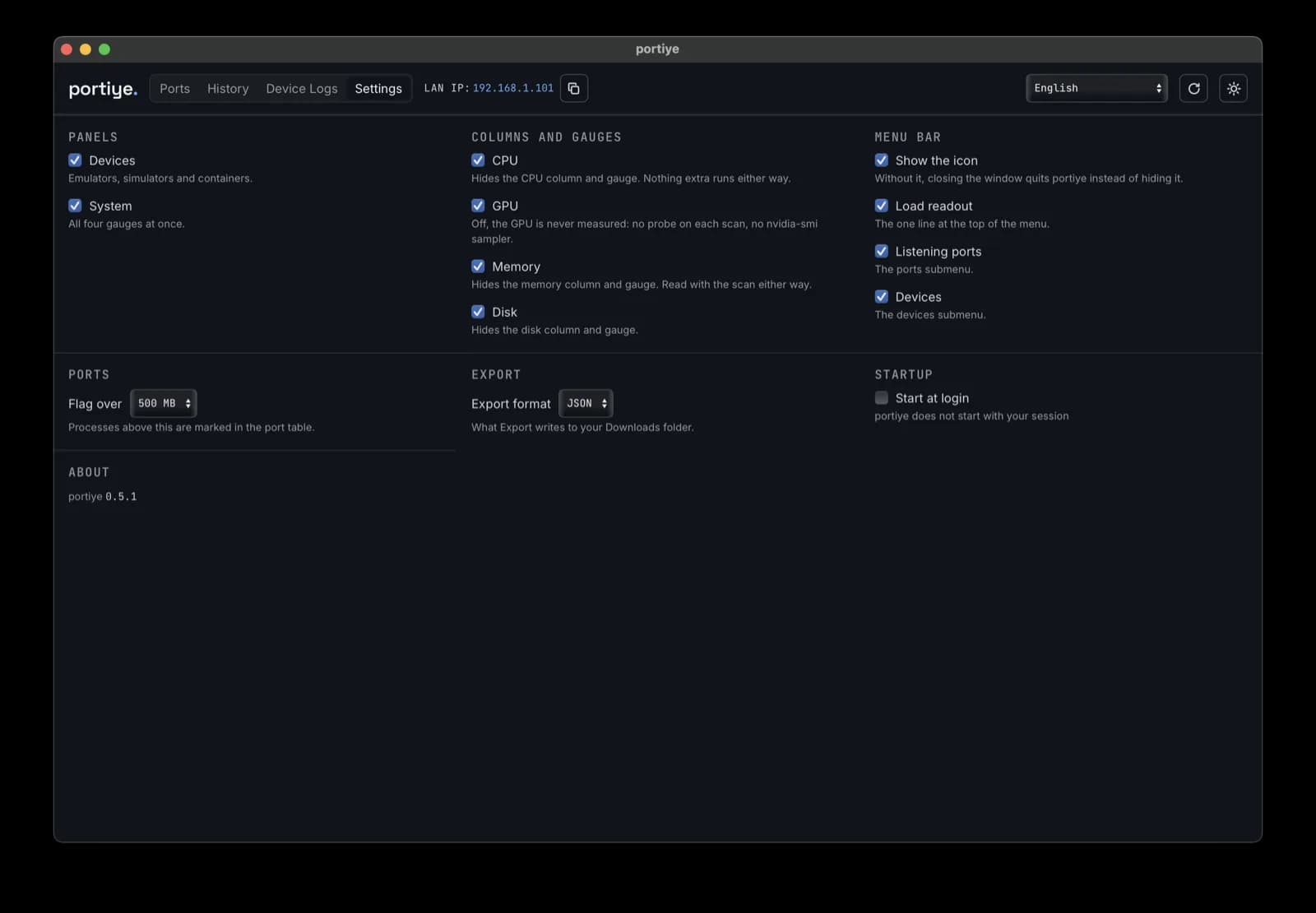 The portiye Settings tab: switches for every panel, column, gauge and menu bar element